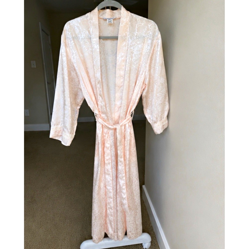 Vintage Christian Dior Pink Floral Satin Jacquard Robe Lace Shawl Collar Tie S